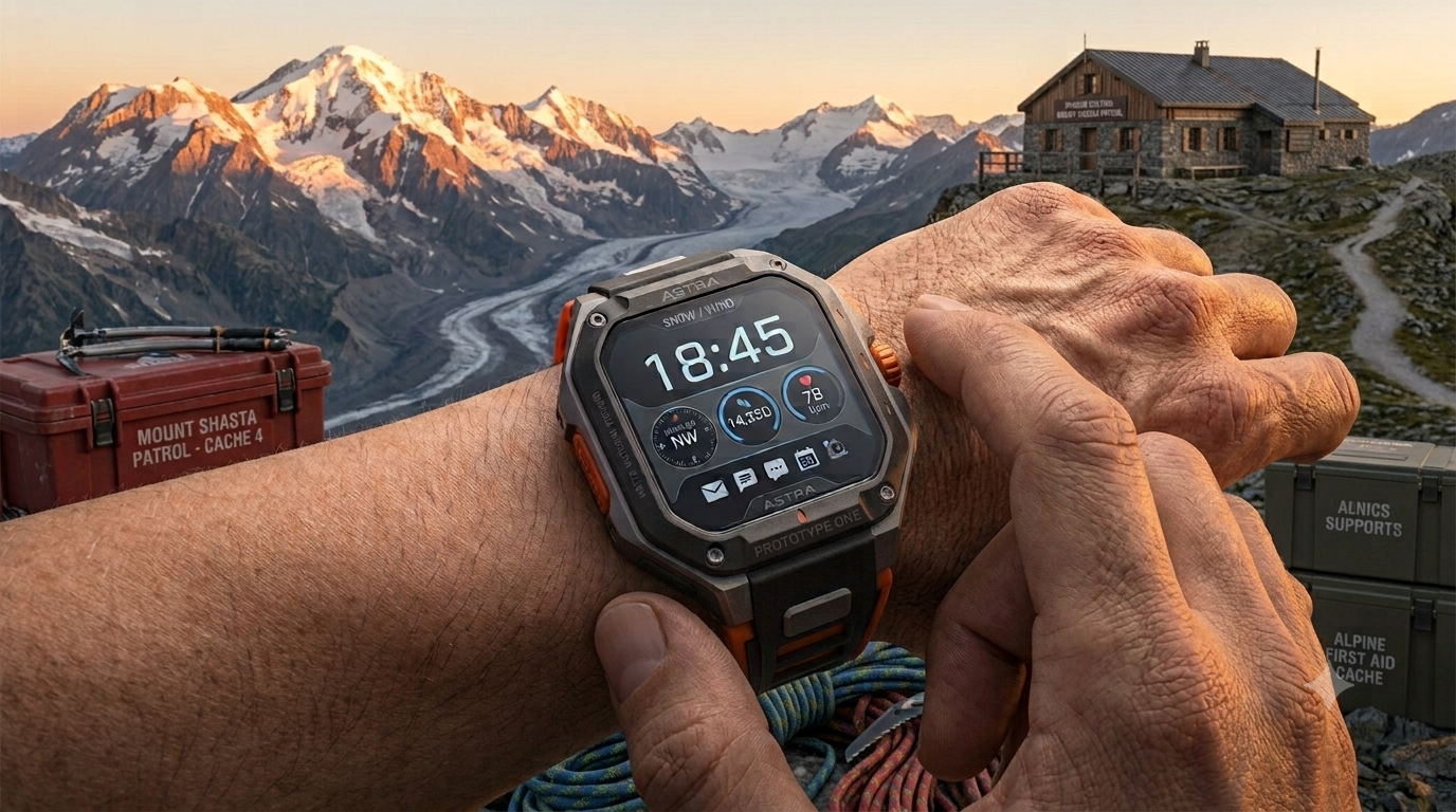 ASTRA Prototype One on a climber's wrist above an alpine glacier with a summit refuge in the distance at dusk