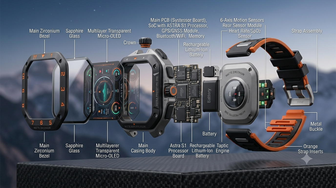 ASTRA Prototype One exploded view showing bezel, sapphire glass, micro-OLED, casing, main PCB, battery, sensor module, and strap assembly