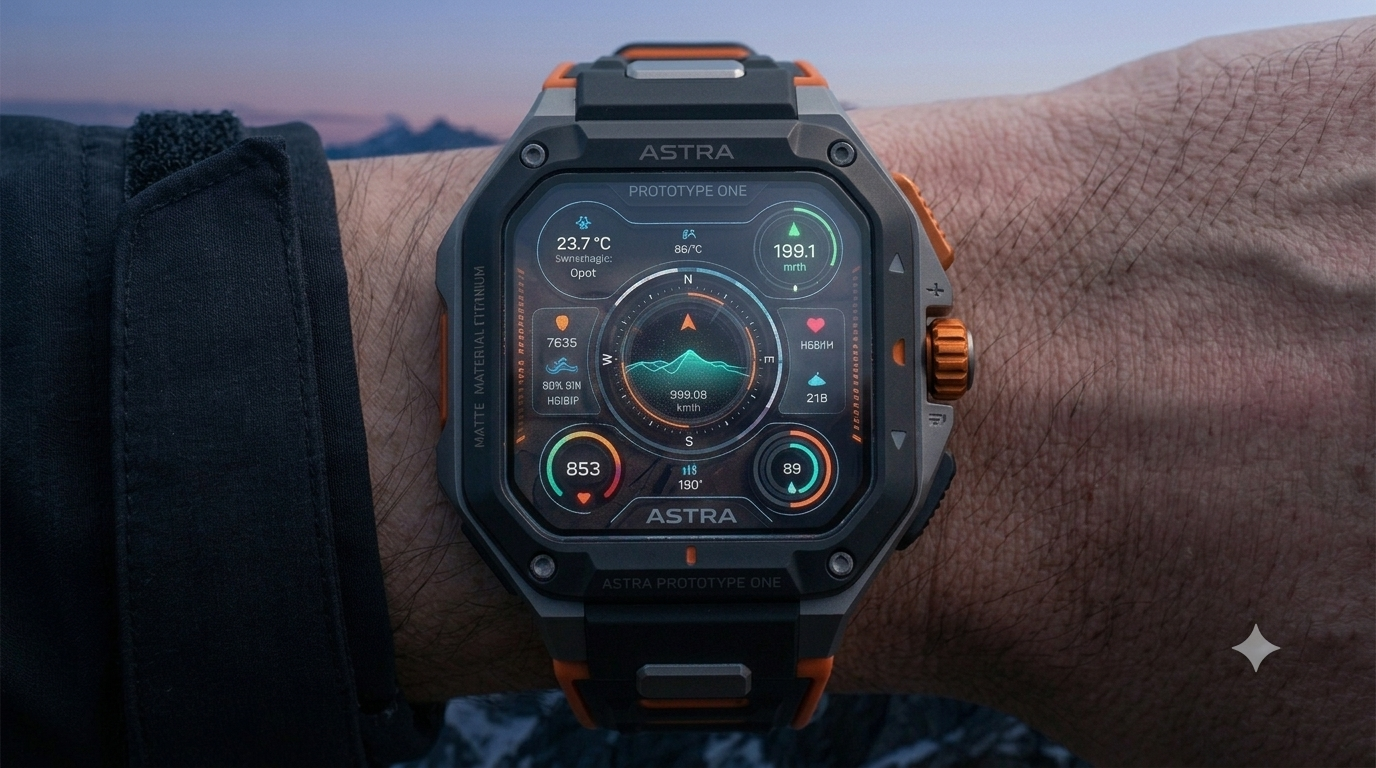 ASTRA Prototype One HUD face worn on the wrist at alpine dusk showing compass, altimeter, and biometric readouts