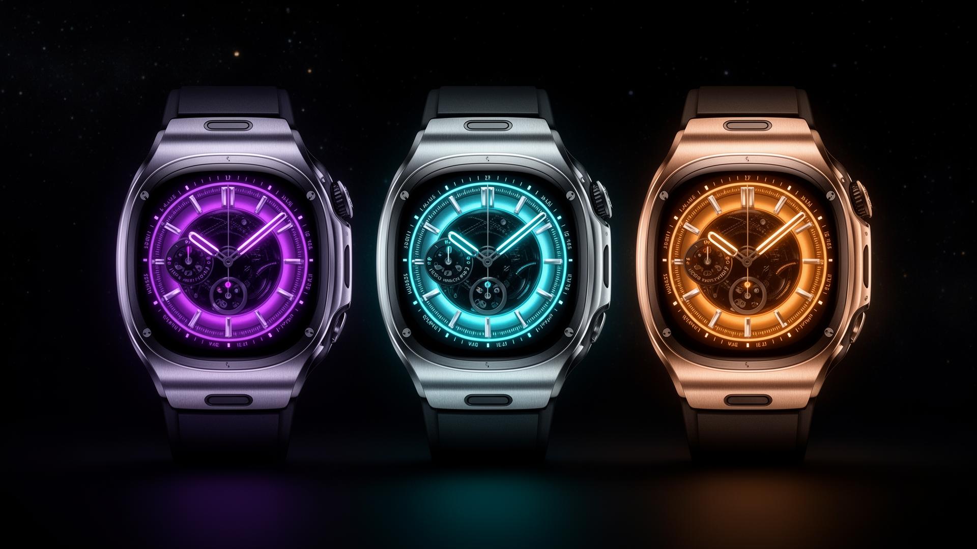 Three Astra editions — Obsidian, Nebula and Solstice — side by side with purple, cyan and amber dials