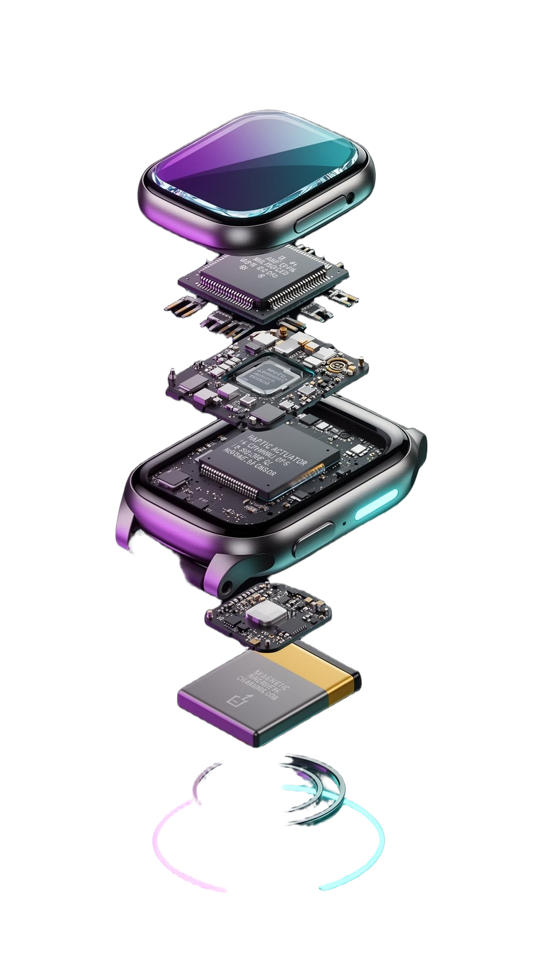 Exploded view of Astra smartwatch revealing display, neural co-processor, logic board, haptic module, titanium chassis, optical array and magnetic charging coil