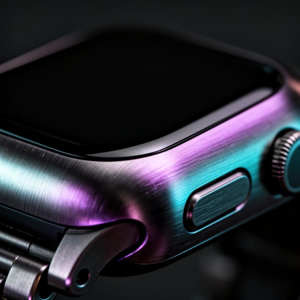 Macro detail of brushed titanium with purple and cyan light play