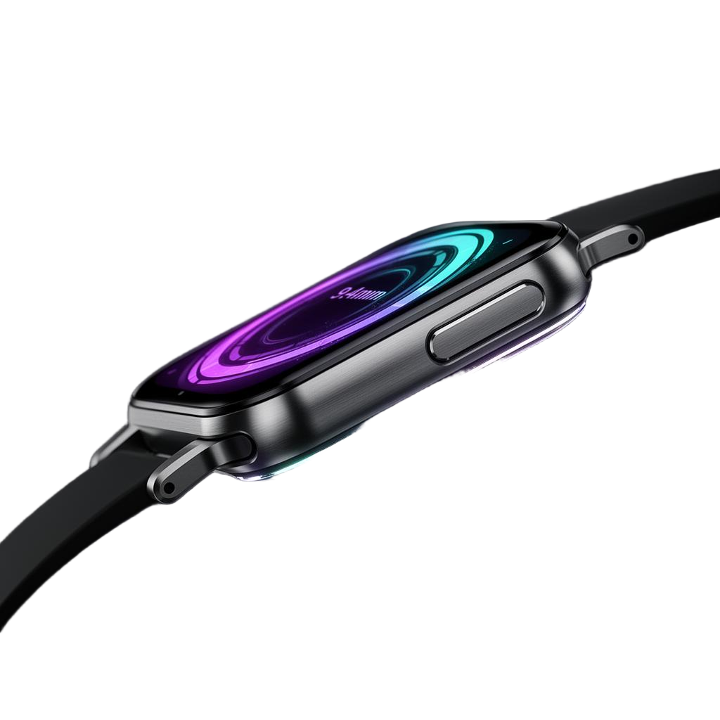 Astra smartwatch side profile, titanium body with glowing dial rim